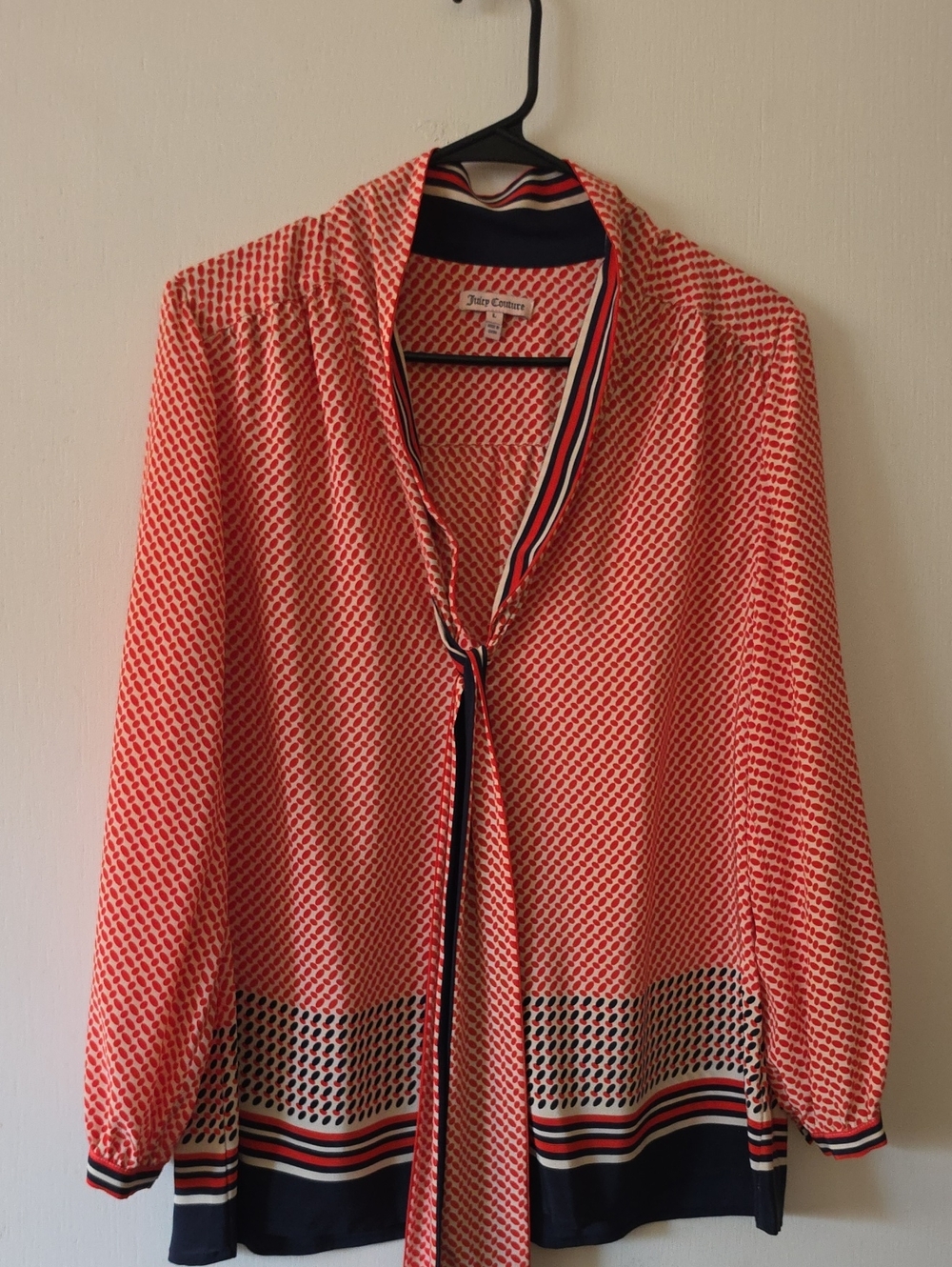 Juicy Couture Red Patterned Tie-Neck Blouse with Navy Trim